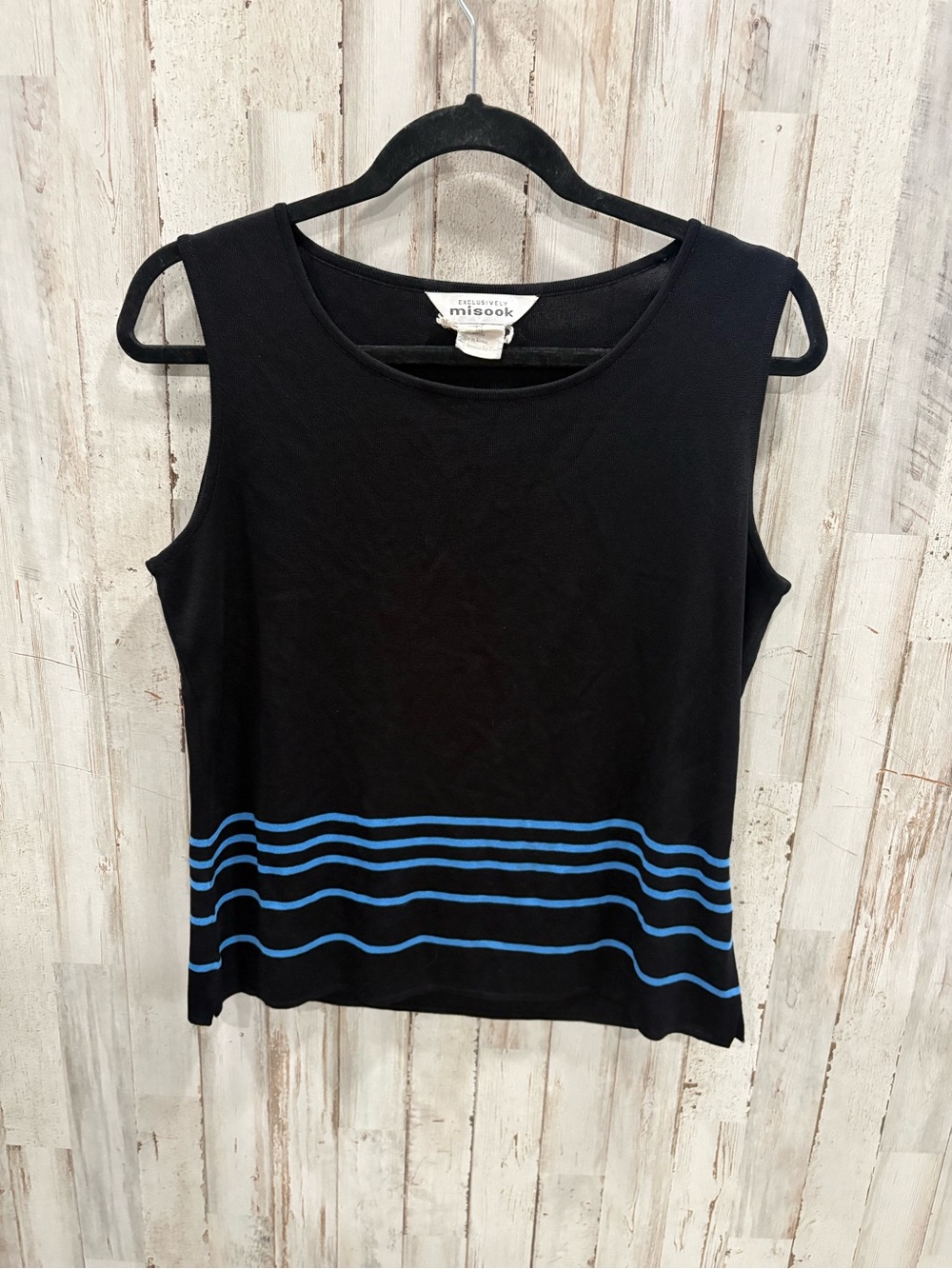 Misook Black Sleeveless Tank Top Blue Stripe Trim Stretch Knit Minimalist Medium
